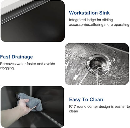 Black Sink, 304 Stainless Steel Single Bowl Undermount 30×18 Inch Workstation Kitchen Sink with Sink Grid and Cutting Board
