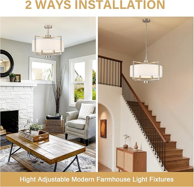 19.7'' Drum Chandeliers for Dining Room, 4-Light Brushed Nickel Rustic Kitchen Island Pendant Lighting with Wihte Fabric Lampshade, Adjustable Hanging Light Fixture for Foyer Bedroom Living Room
