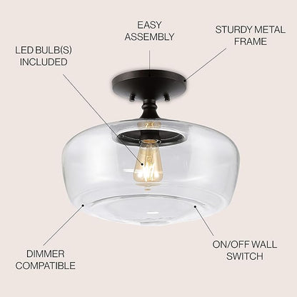 JONATHAN Y 14" Oil Rubbed Bronze Modern Farmhouse LED Flush Mount Light Fixture, Clear Glass Shade, Rustic Industrial Schoolhouse Lamp for Kitchen Hallway Bedroom JYL7517A
