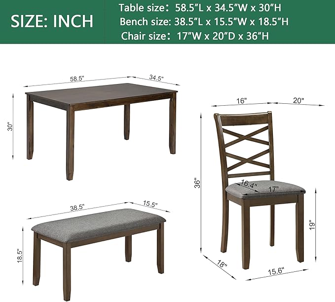 6 Piece Wooden Dining Table Set with 4 Chairs and a Bench, Rectangular Kitchen Table Set for 6 People, Modern Dining Room Table Set for Kitchen and Dining, Walnut