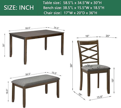 6 Piece Wooden Dining Table Set with 4 Chairs and a Bench, Rectangular Kitchen Table Set for 6 People, Modern Dining Room Table Set for Kitchen and Dining, Walnut