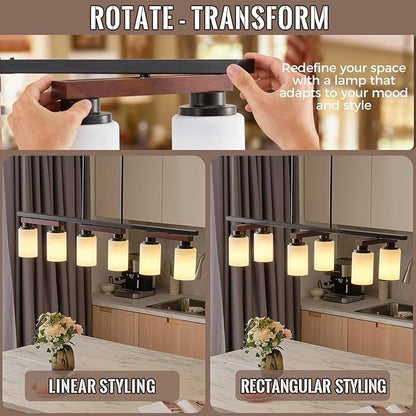 6-Light Kitchen Island Lighting & Farmhouse Dining Room Light Fixtures Over Table, Rustic Wood Linear Chandelier Adjustable Ceiling Hanging Pendant - Rotating Design, Customizable Shapes, Milk Glass
