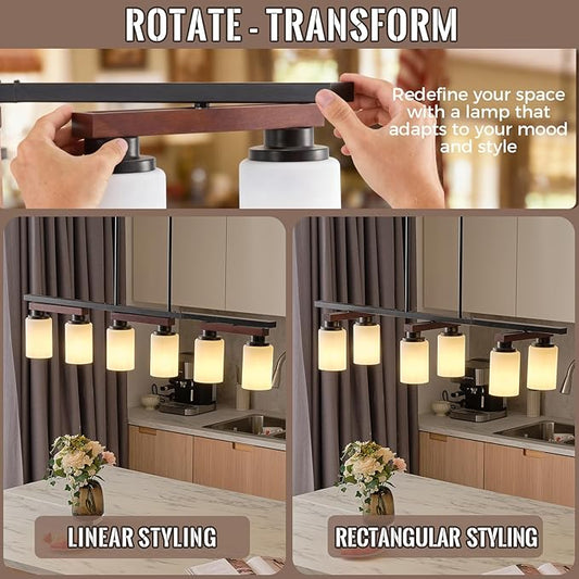 6-Light Kitchen Island Lighting & Farmhouse Dining Room Light Fixtures Over Table, Rustic Wood Linear Chandelier Adjustable Ceiling Hanging Pendant - Rotating Design, Customizable Shapes, Milk Glass