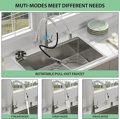 33 Drop In Kitchen Sink - Beslend 33x22 Kitchen Sink Drop In Workstation with Faucet, Stainless Steel Sinks and Soap Dispenser Topmount 16 Gauge Single Bowl Above Counter Dish Basin 9" Deep