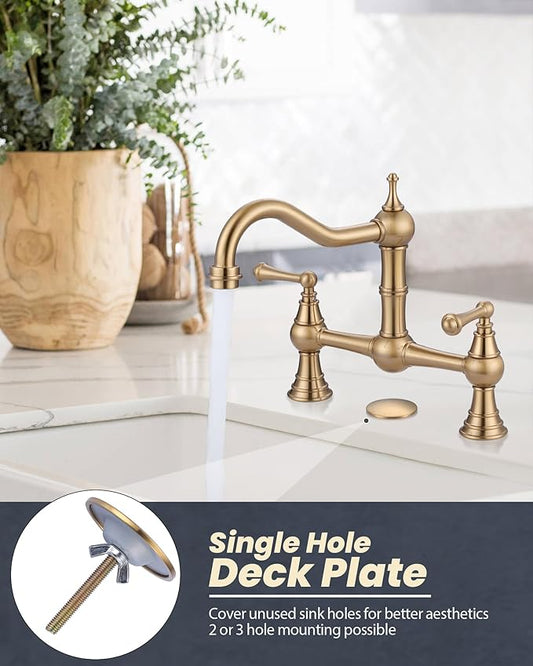 WOWOW Gold Bridge Kitchen Faucet 2 Hole Antique Brass Bridge Faucet 2 Handle 8 Inch Centerset Farmhouse Kitchen Sink Faucet 360° Swivel Vintage Tap