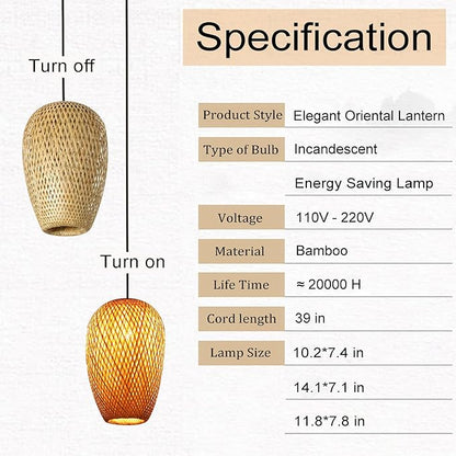 Bamboo Lantern Pendant Lamp, Retro Japanese Style E27 Chandelier Hanging Light Ceiling Lighting Fixture for Living Room Bedroom Restaurant Cafe Teahouse Bar Dining Room Club