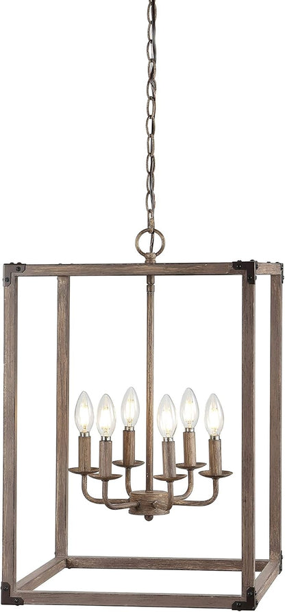 JONATHAN Y 16" Brown Rustic Farmhouse 6-Light LED Pendant, Adjustable Iron Lantern Chandelier for Kitchen Island, Barnwood Wood Grain Finish (JYL7476A)