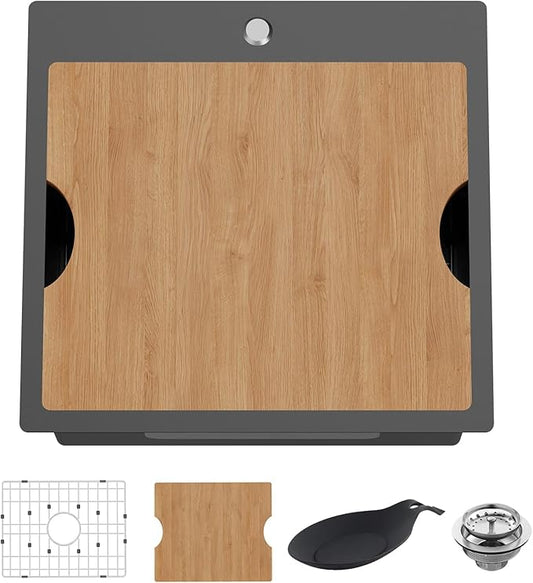 Black Kitchen Sink Workstation,21x20 In Stainless Steel Drop In Single Bowl Bar Sink Built-in Ledge Small Topmount Workstation Sink With Accessory-SS Grid Cutting Board,Silicon Mat,Drain Assembly