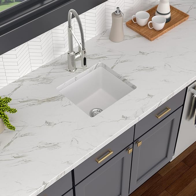 18x16 Inch Undermount Kitchen Granite Composite Sink - 18 inch White Granite Sink Quartz Classic Under Counter Ledge Single Bowl Sink Basin(18"x16") LOF-GC1816