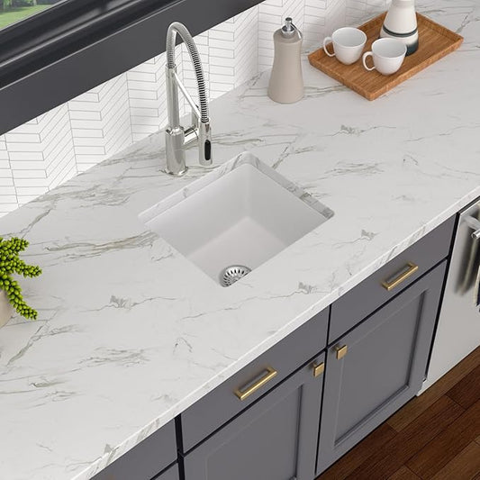 18x16 Inch Undermount Kitchen Granite Composite Sink - 18 inch White Granite Sink Quartz Classic Under Counter Ledge Single Bowl Sink Basin(18"x16") LOF-GC1816