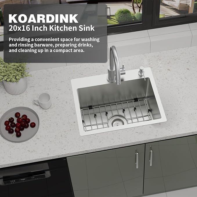 Kitchen And Bar Sink, 20x16 Inch Stainless Steel Drop In Modern Single Bowl Topmount Kitchen And Bar Sink Combo-SS Grid,Silicon Mat,Drain Strainer Set Compatibility With Various Kitchen&Bar Style