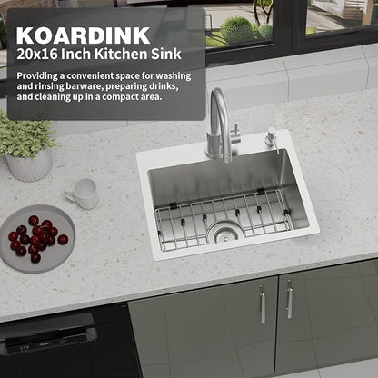 Kitchen And Bar Sink, 20x16 Inch Stainless Steel Drop In Modern Single Bowl Topmount Kitchen And Bar Sink Combo-SS Grid,Silicon Mat,Drain Strainer Set Compatibility With Various Kitchen&Bar Style