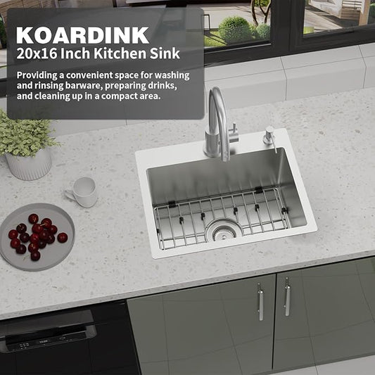 Kitchen And Bar Sink, 20x16 Inch Stainless Steel Drop In Modern Single Bowl Topmount Kitchen And Bar Sink Combo-SS Grid,Silicon Mat,Drain Strainer Set Compatibility With Various Kitchen&Bar Style