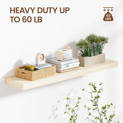 Heimlove Unfinished Wood Floating Shelves, Pine Shelves for Wall Set of 2, Wall Mounted Rustic Wood 8 Inch Deep Floating Shelf with Invisible Brackets for Bedroom Kitchen Living Room - Natural, 36x8
