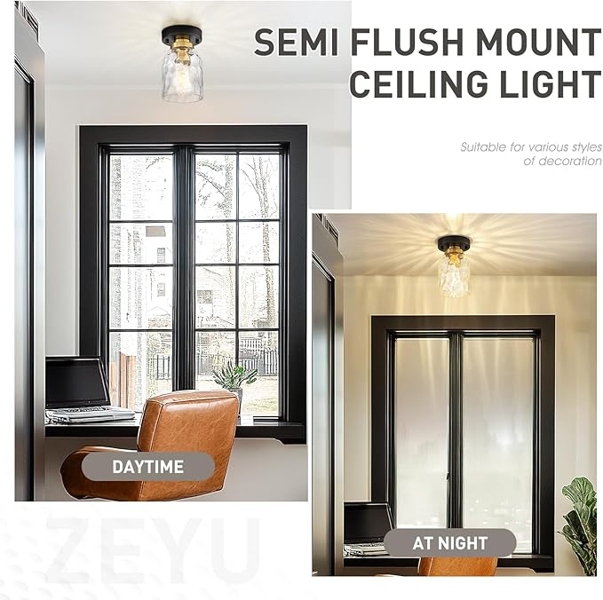 zeyu Industrial Semi Flush Mount Ceiling Light, Round Hallway Lighting Fixtures Ceiling for Kitchen Entryway, Water Ripple Glass Shade, Black and Gold Finish, ZG33F BK+BG-WG