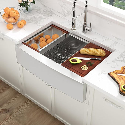 Sarlai 36 Farmhouse Kitchen Sink Double Bowl - 36 x 22 Inch Apron Front Stainless Steel 16 Gauge Ledge Workstation Farmer Sink Undermount Low Divide 60/40 Double Basin Under Counter Kitchen Farm Sinks