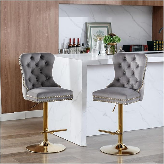 Thick Golden Swivel Velvet Barstools Adjusatble Seat Height from 27-35 Inch, Modern Upholstered Bar Stools with Backs Comfortable Tufted for Home Pub and Kitchen Island