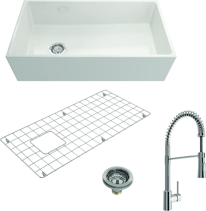 BOCCHI Contempo Apron Front Fireclay 36 in. Single Bowl Kitchen Sink in White with Chrome Faucet