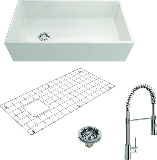 BOCCHI Contempo Apron Front Fireclay 36 in. Single Bowl Kitchen Sink in White with Chrome Faucet