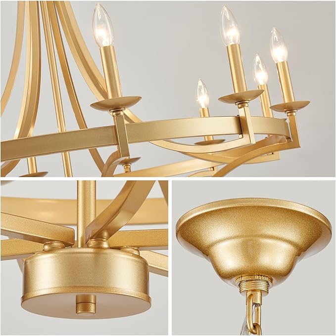 WUZUPS 12-Light Wagon Wheel Metal Candle Chandelier Round Pendant Ceiling Lighting Rustic Farmhouse Fixture Kitchen Island Dining Room, H 39.4" W10, E12 Base, Gold