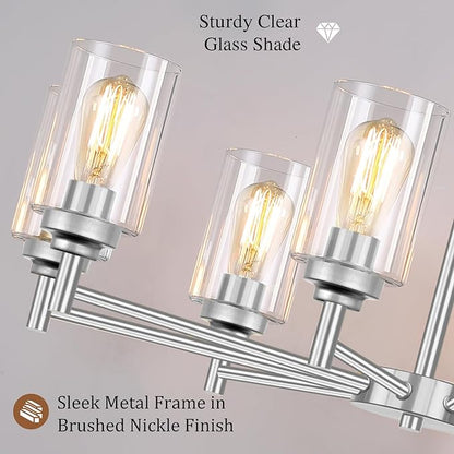 33.5'' 8-Light Chandelier for Dining Room Kitchen Island, Modern Farmhouse Pendant Lighting with Glass Shades Industrial Brushed Nickel Hanging Ceiling Light Fixture for Living Room, Height Adjustable
