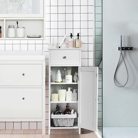 Modern White Bathroom Cabinet, Freestanding Side Floor Storage, 1 Large Drawer, 2 Adjustable Shelves, Narrow Space Suitable