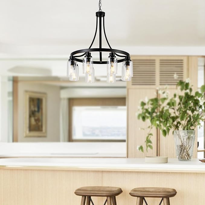 8 Light Chandeliers for Dining Room Linear Kitchen Island Lighting with Rectangular Clear Glass Shades, Modern Pendant Light Fixture Black for Kitchen Dining Room Living Room