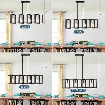 35.4" Kitchen Island Lighting Fixture, Dining Room 4 Lights Chandeliers, Black Wood+Metal Pendant Light for Foyer Hallway Living Room