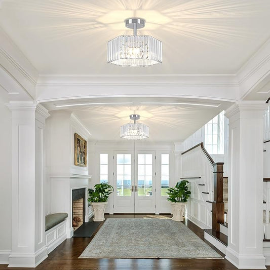 TOULMJ Crystal Semi Flush Mount Ceiling Light, 3-Light Modern Close to Ceiling Light Fixtures, Chrome Hallway Light Fixtures Flush Mount Chandelier for Entryway Kitchen Bedroom Bathroom Laundry Room
