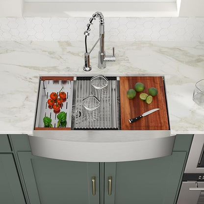 Logmey 33x21 Double Bowl Kitchen Sink 60/40 Farmhouse Sink 16 Gauge Stainless Steel Apron Front Farmer Kitchen Sinks Ledge Workstation Low Divide Double Basin Farm Sink 33x21x9