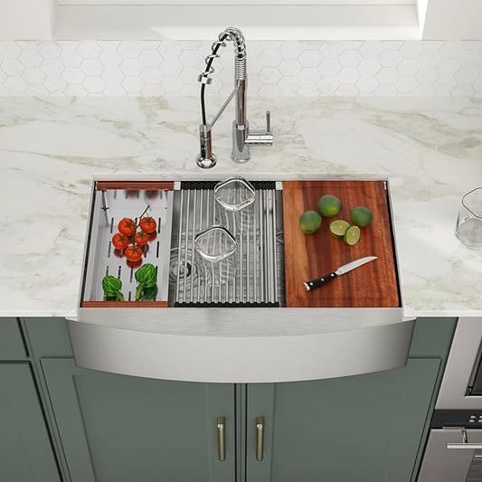 Logmey 33x21 Double Bowl Kitchen Sink 60/40 Farmhouse Sink 16 Gauge Stainless Steel Apron Front Farmer Kitchen Sinks Ledge Workstation Low Divide Double Basin Farm Sink 33x21x9