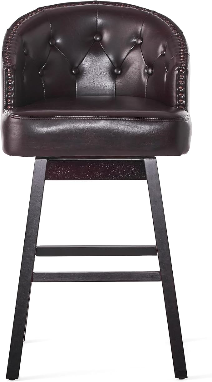 Set of 2 Brown Bar Stools with 360-Degree Swivel, Nailhead Trim & Button-Tufted PU Fabric, Rubberwood Frame for Kitchen Island, Home Bar, and Living Area