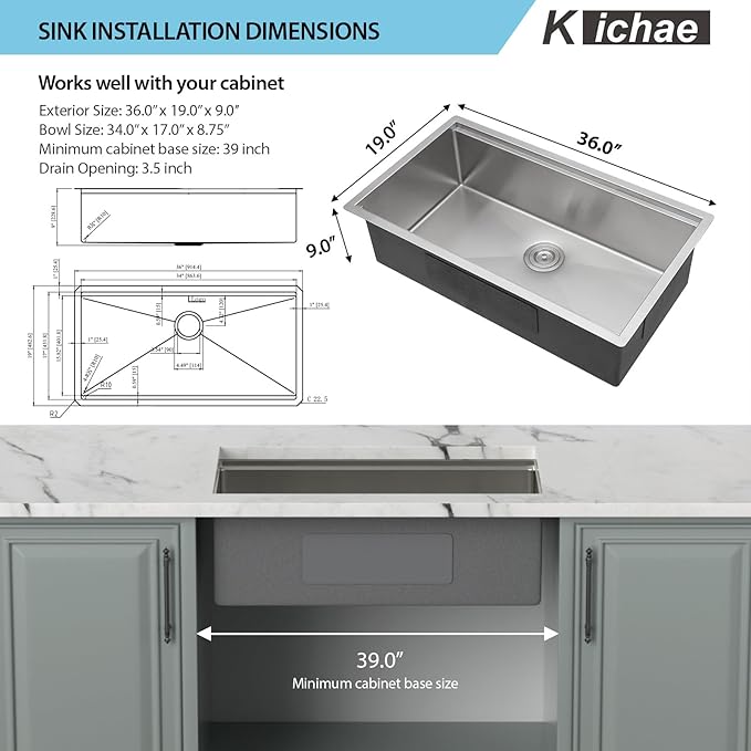 Kichae 36 Undermount Kitchen Sink- 36 x 19 Undermount Sink Ledge Workstation Stainless Steel 16 Gauge Single Bowl Round Corner Handmade with Cutting Board