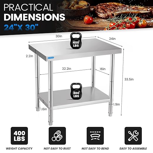 KUARBARR Stainless Steel Table for Prep & Work with Undershelf 24 x 36 Inches NSF Metal Commercial Kitchen Prep Table with Adjustable Under Shelf Worktable for Restaurant Home Outdoor