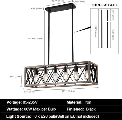 Farmhouse Dining Room Light Fixtures,Rustic Vintage Antique Linear Chandeliers for Dining Room,Kitchen Island,Bar,Office Coffee Shop,Oak White and black Adjustable Hanging Pendant Light 6-Lights