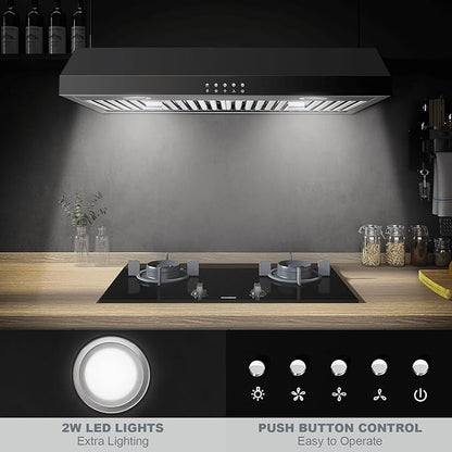 SNDOAS Under Cabinet Range Hood 30 inch,Black Range Hood with 430 Spray-Painted Stainless Steel,3-speed Fan & 700 CFM Kitchen Hood,Ducted/Ductless Range Hoods with 3-Venting,Baffle Filters