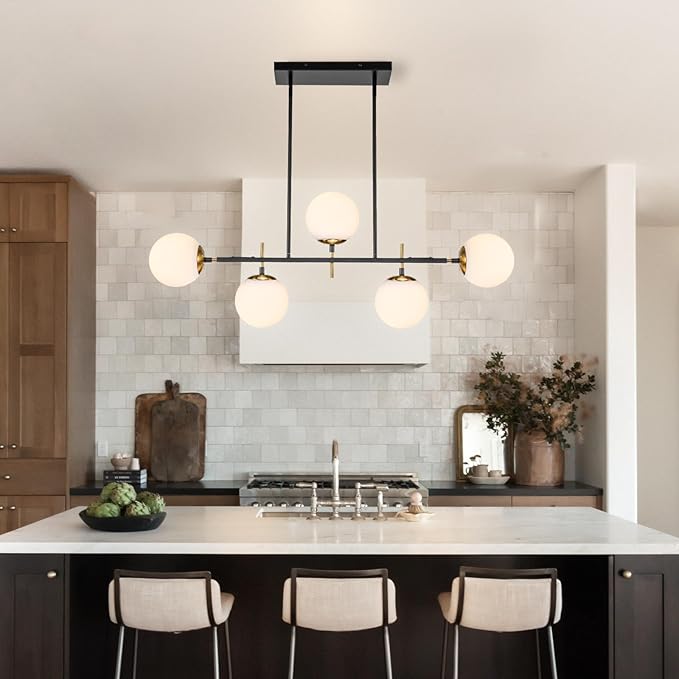 EDISLIVE Modern Milk Globe Chandelier 5-Light Glass Globe Pendant Light Fixture 39.4in E26 Linear Hanging Lighting for Kitchen Island Dinning Room Living Room Black