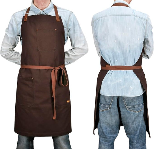 Chef Apron with Pockets, Professional Kitchen Cooking Grill BBQ Baking Apron for Men Women, Bib with Towel Loop and Adjustable Neck Strap (Brown)