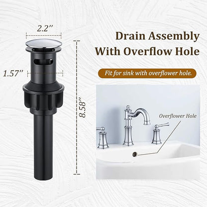 Roman Bathroom Sink-Faucet 3-Holes, Rotated Spout Vanity Basin Faucets 2 Handles 8 inches Widespread Deck Mount Brass Faucet for Sink with Overflow Pop Up Drain Polished Chrome NL2204-CP
