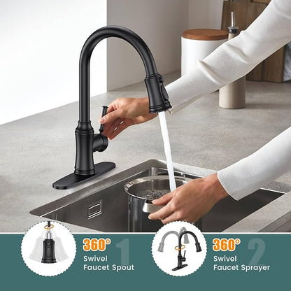 Kitchen Faucet with Pull Down Sprayer, Single Handle High Arc Utility Sink Faucet with Deck Suitable for bar for Kitchen Sink, Laundry Sink, Wet Bar or RV, Matte Black