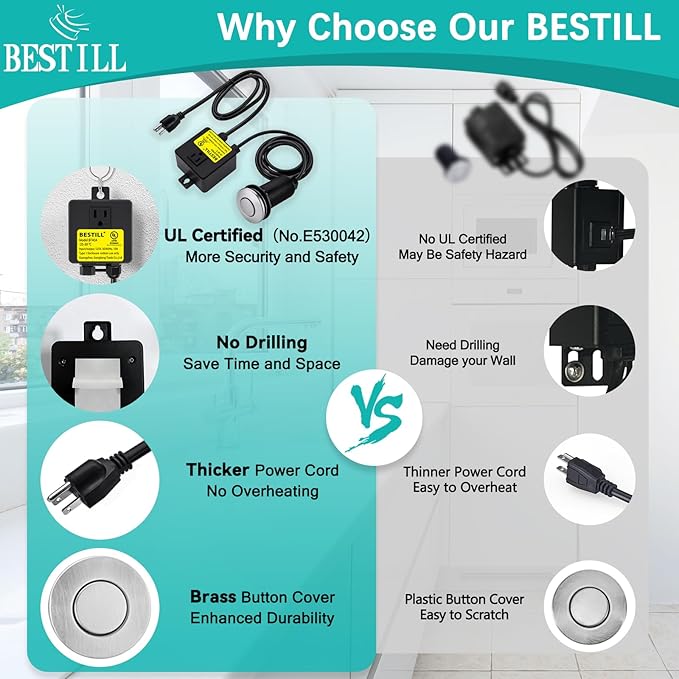 BESTILL Sinktop Air Switch Kit for Garbage Disposal, Stainless Steel Brushed Nickel 3.6" Long Push Button for Waste Disposer, UL Listed