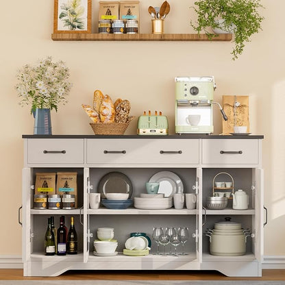 Likein Sideboard Buffet Cabinet with Storage, 55" Kitchen Coffee Bar Cabinet with 3 Drawers & Glass Doors, Farmhouse Sideboard Buffet Table with Adjustable Shelves for Living Room, Dining Room, White
