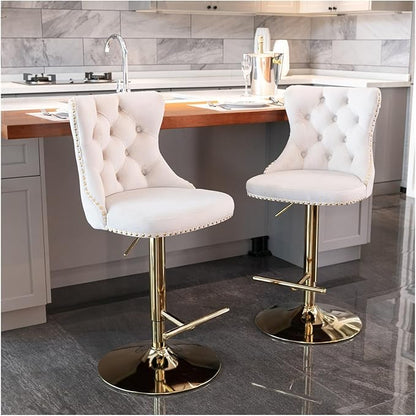 Golden Swivel Velvet Barstools Adjusatble Seat Height from 25-33 Inch,Modern Upholstered Bar Stools with Backs Comfortable Tufted for Home Pub and Kitchen Island,Beige,Set of 2,for Living Room