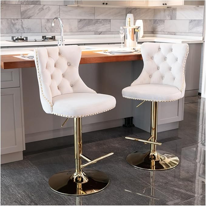 Golden Swivel Velvet Barstools Adjusatble Seat Height from 25-33 Inch,Modern Upholstered Bar Stools with Backs Comfortable Tufted for Home Pub and Kitchen Island,Beige,Set of 2