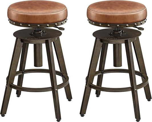 SONGMICS Home Bar Stools, Set of 2, Steampunk Counter Stool for Kitchen, Adjustable Height and Swivel Padded Seat, Workbench Stool, 16.5 x 19.3 x 24.6-29.3 Inches, Caramel Brown ULJB096K01