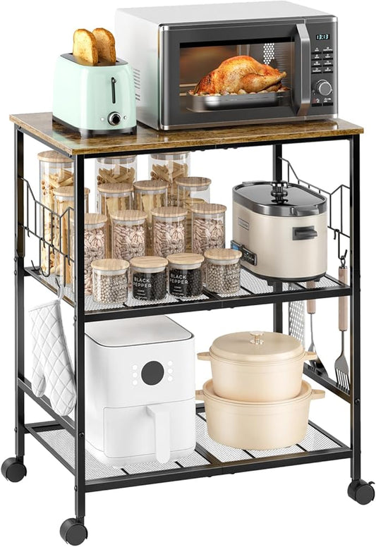 Toutrop Rolling Kitchen Microwave Cart with Wheels, 3 Tier Microwave Storage Cart with Adjustable Shelves, Coffee Table, Utility Cart for Kitchen, Living Room, Office, Laundry Room