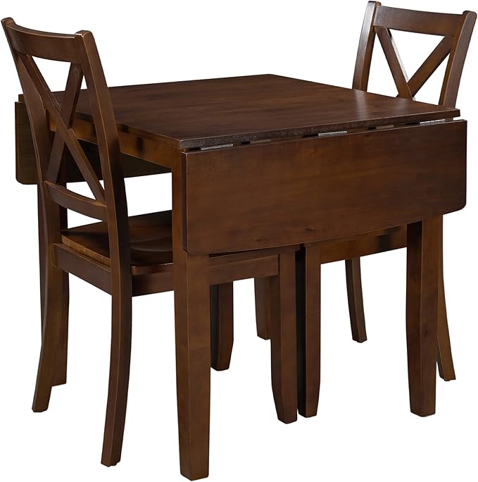 3-Piece Farmhouse Dining Table Set, Wood Drop Leaf Breakfast Nook Dining Table Set with 2 X-Back Chairs for Small Places