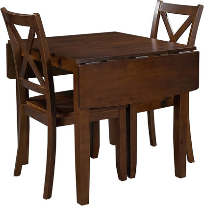 3-Piece Farmhouse Dining Table Set, Wood Drop Leaf Breakfast Nook Dining Table Set with 2 X-Back Chairs for Small Places