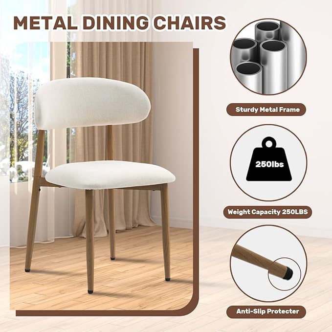 UVV Dining Chairs Set of 2, Metal Kitchen Chairs with Modern Fabric Upholstered for Dining Room, Beige