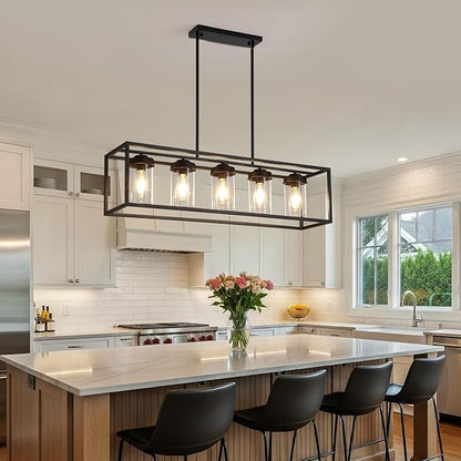 Black Farmhouse Dining Room Chandelier, Rectangular Clear Glass Pendant Light, Modern Industrial Hanging Light Fixture for Kitchen Island